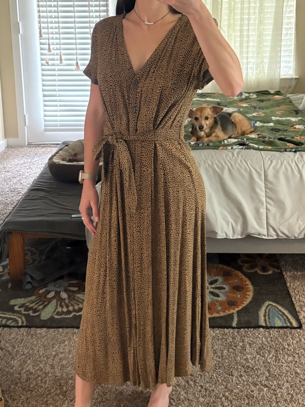 LOFT Brown Speckled V-Neck Midi Dress with Tie Waist